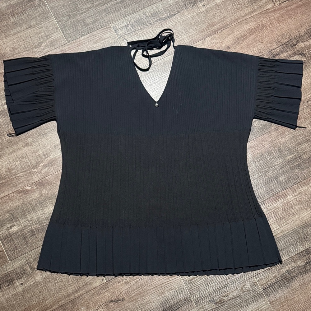 CHANEL Black Pleated Dress 👗 with Logo Button V neck